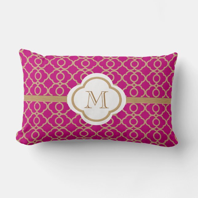 Almofada Lombar Monogramas Fuchsia e Dourado marroquino (Frente)