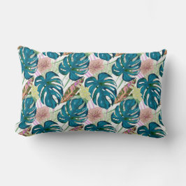 Almofada Lombar Monstera de turquesa escura, pêssego delicado e am