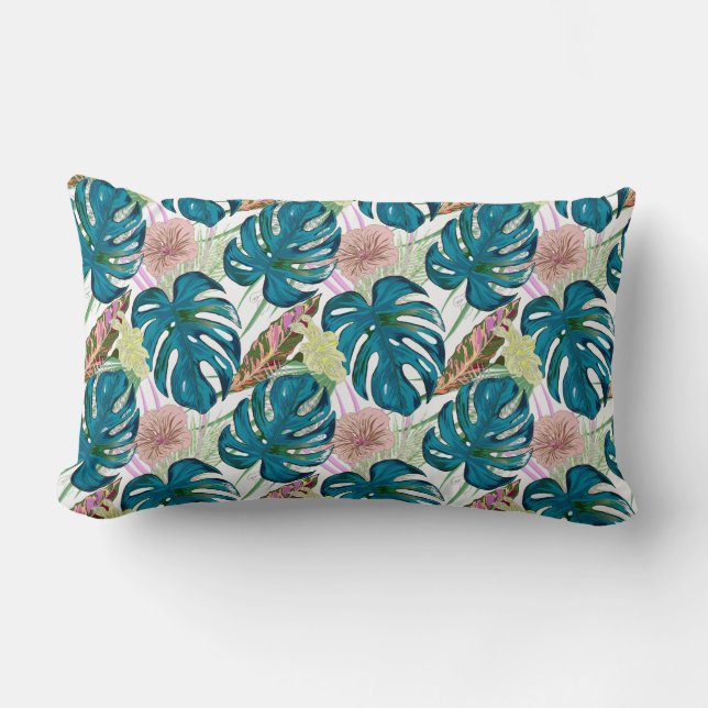 Almofada Lombar Monstera de turquesa escura, pêssego delicado e am (Frente)