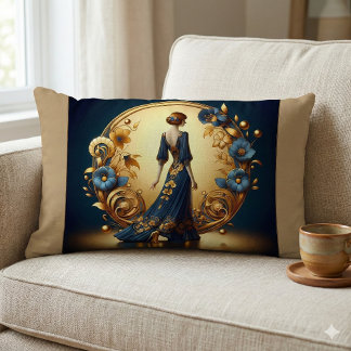 Almofada Lombar Mulher Deco Elegante em Dourado e Azul