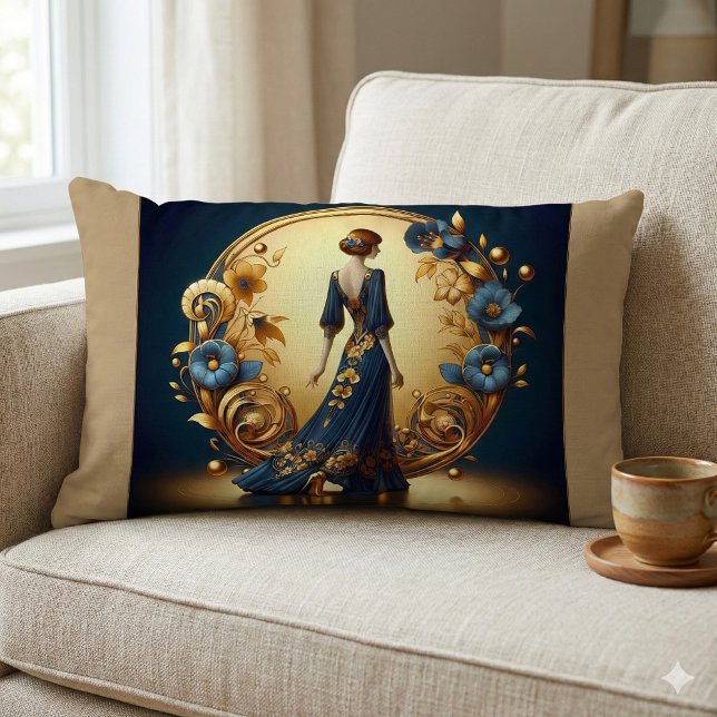 Almofada Lombar Mulher Deco Elegante em Dourado e Azul (Elegant Art Deco Woman in Gold and Blue Lumbar Pillow Mockup A)