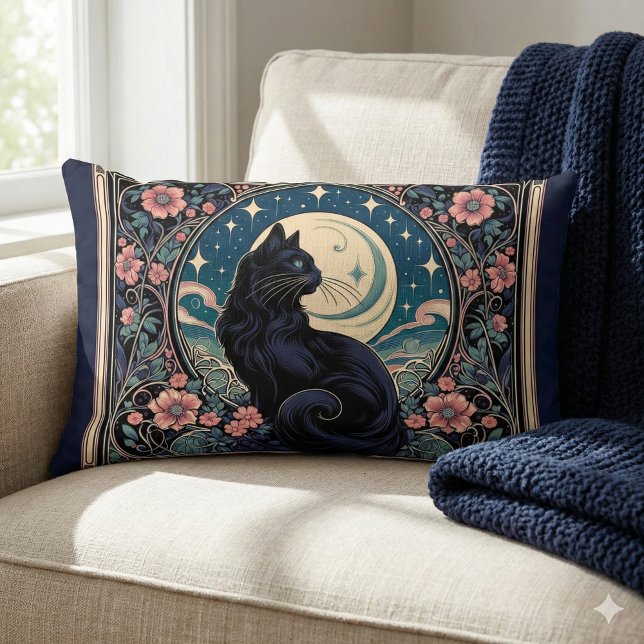 Almofada Lombar Mystical Black Art Nouveau (Mystical Black Cat Art Nouveau Lumbar Pillow Mockup 1)
