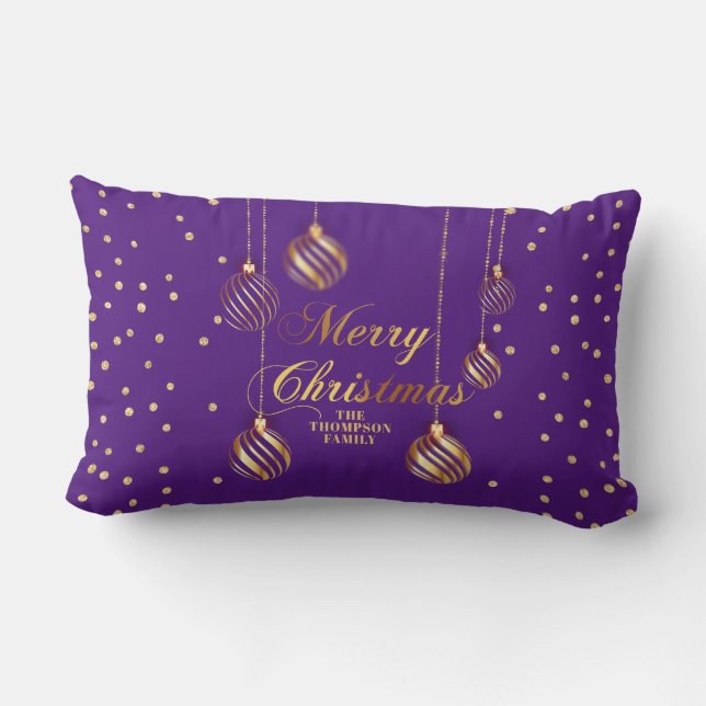 Almofada Lombar Natal da Família Roxo Real Confetti, Dourado Scrip (Verso)