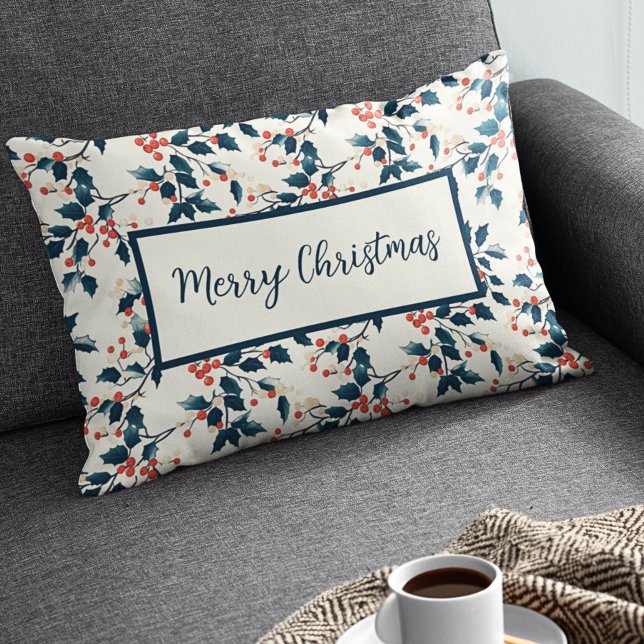 Almofada Lombar Natal do Red Clássico e do Holly Verde Berries (Criador carregado)