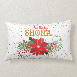 Almofada Lombar Natal Dourado da poinsétia do brilho de Nollaig