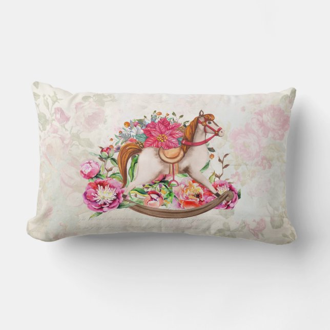 Almofada Lombar Natal Vitoriano do Cavalo Rocking e Poinsettia (Frente)