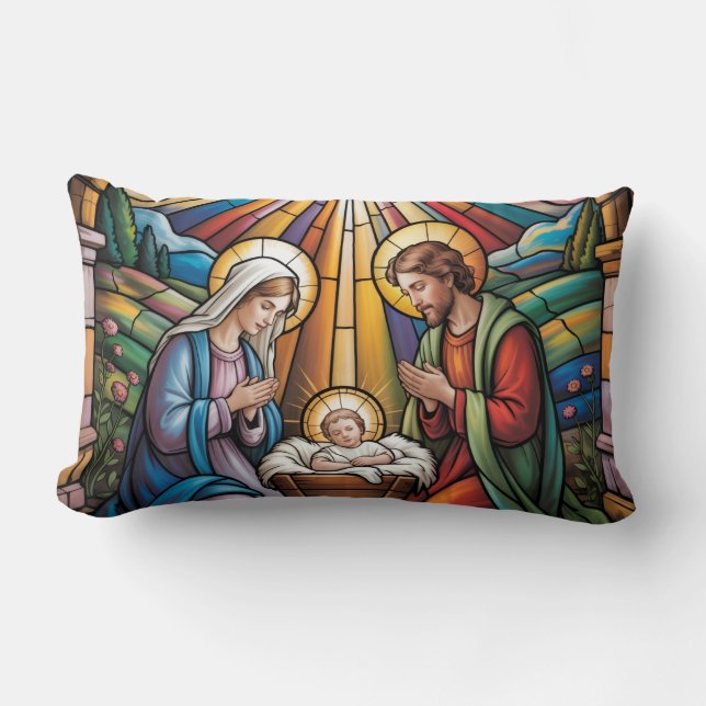 Almofada Lombar Nativity Stained Glass Art – Holy Family Christmas (Frente)