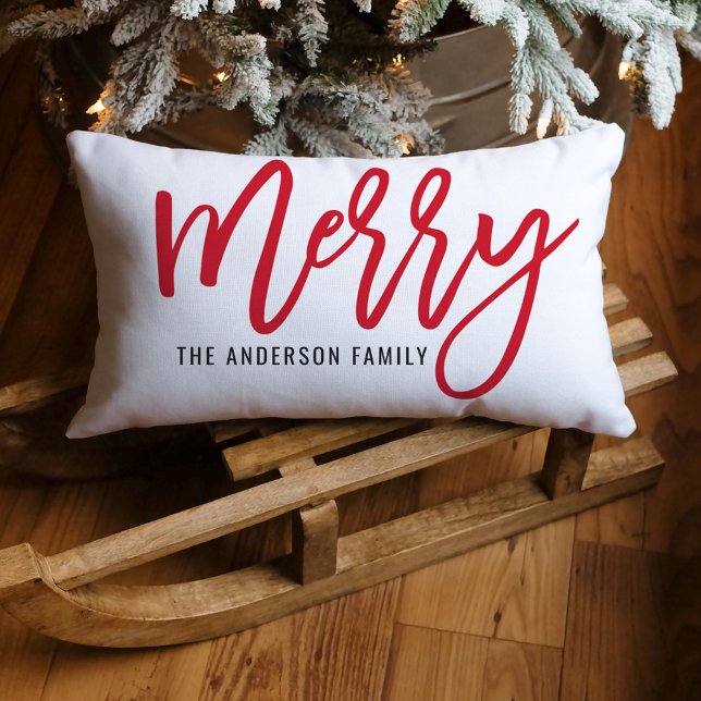 Almofada Lombar Nome da Família em Merry Red Script Natal (Criador carregado)