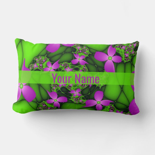 Almofada Lombar Nome de Flores Abstratas Modernas Rosa Verde Neon (Frente)