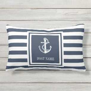 Almofada Lombar Nome do Barco Azul Marinho Listrado Âncora Náutica