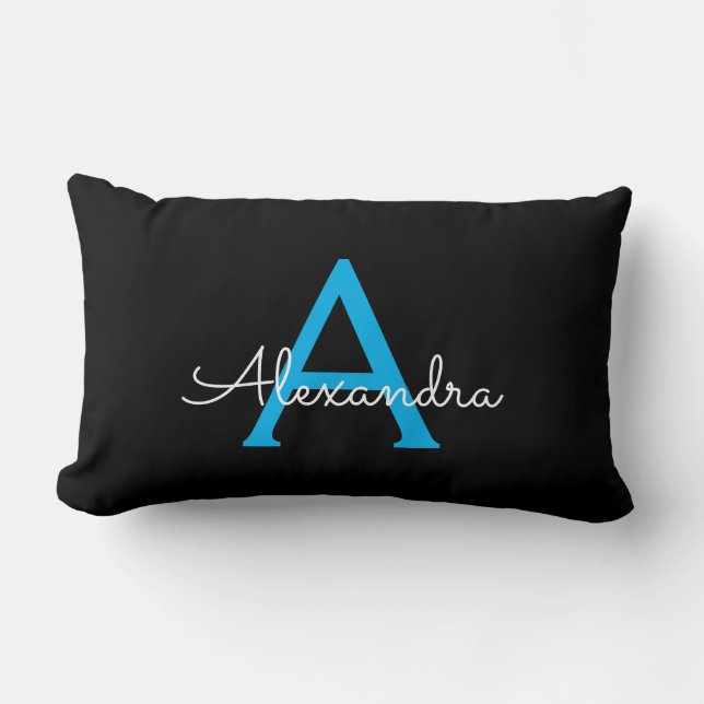 Almofada Lombar Nome do Monograma Girly de Script Preto Azul (Frente)