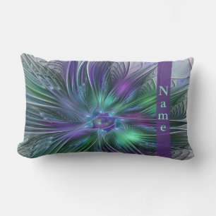 Almofada Lombar Nome Fractal Abstrato da Flor Verde Roxo