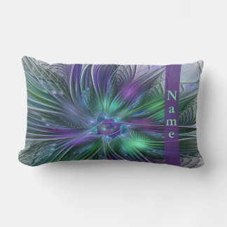 Almofada Lombar Nome Fractal Abstrato da Flor Verde Roxo