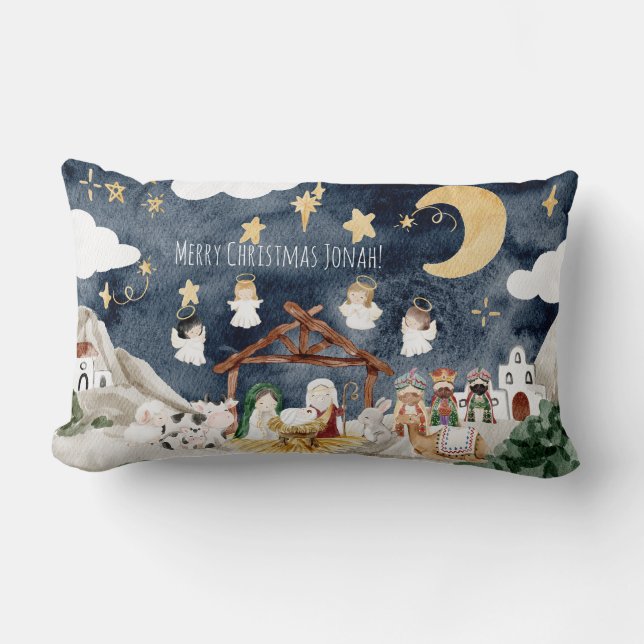 Almofada Lombar Nome Personalizado Crianças Cristãs Natal (Frente)