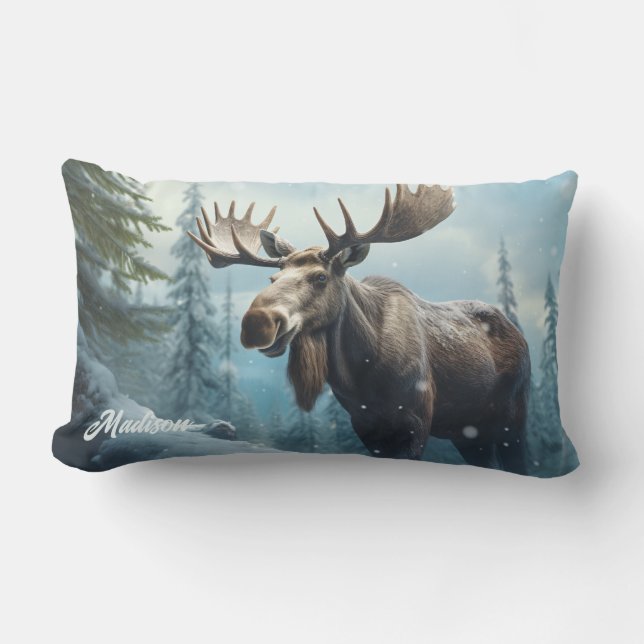 Almofada Lombar Nome personalizado Winter Moose (Frente)