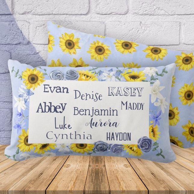 Almofada Lombar Nomes de netos Dia de as mães Azul de girassol (Personalized throw pillow for grandma with grandkid's names. Sunflowers and dusty blue colors.)