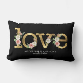 Almofada Lombar Nomes em Aquarela Floral Preto Dourado Casamento