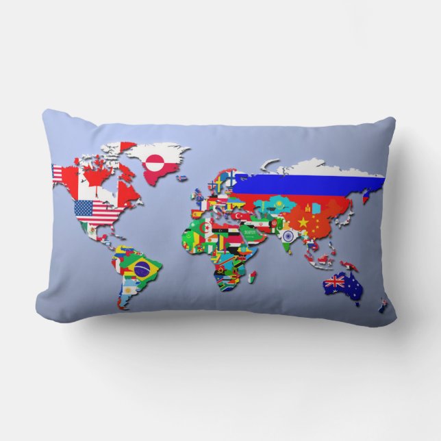 Almofada Lombar O mapa do mundo com suas bandeiras (Frente)