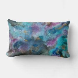 Almofada Lombar Oceano Azul Roxo, Dourado, Abstrato de Aquarela