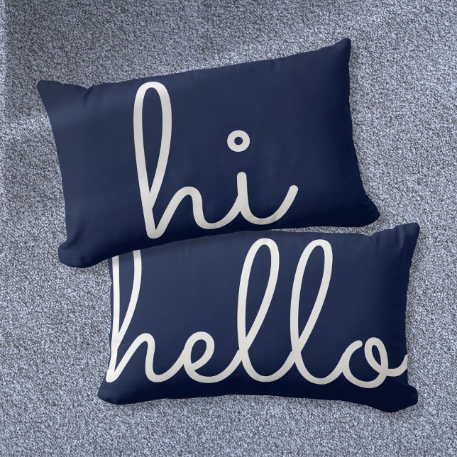 Almofada Lombar Olá, Marinho de Diversão de Script de Olá Azul (Hi Hello Stylish Script Fun Navy Blue Lumbar Pillow)