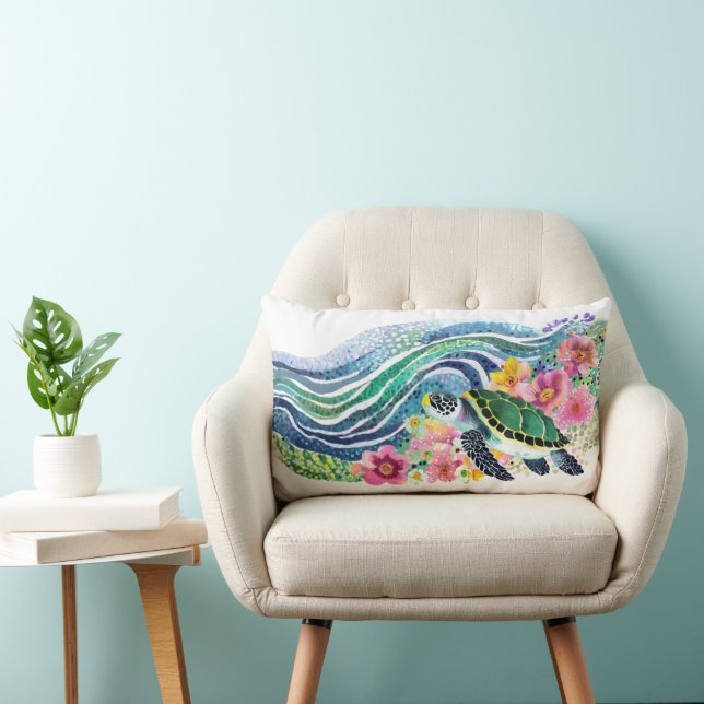 Almofada Lombar Ondas Azuis Boêmicas e Tartaruga Feliz (Cadeira)
