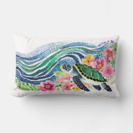 Almofada Lombar Ondas Azuis Boêmicas e Tartaruga Feliz