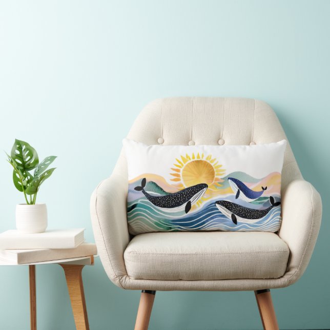 Almofada Lombar Ondas Azuis da Boêmia e Baleias Felizes (Cadeira)