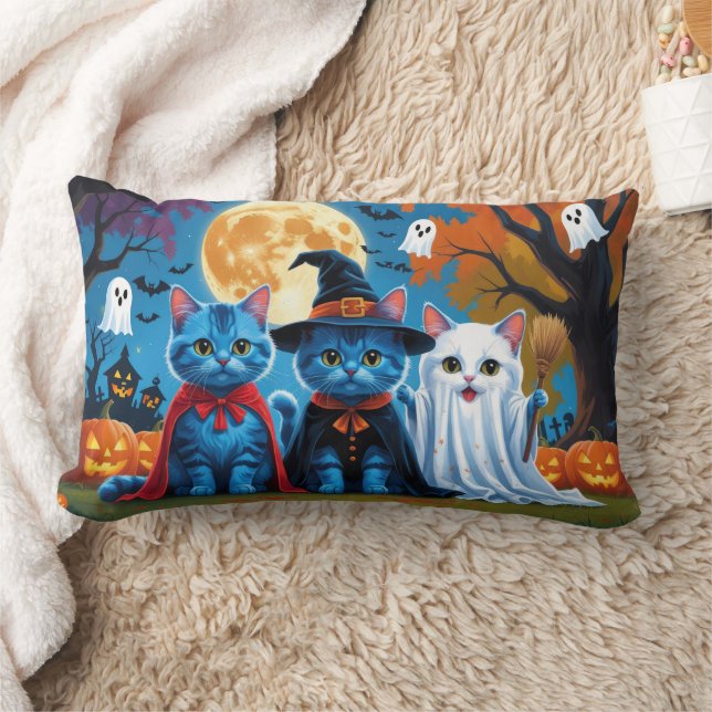 Almofada Lombar Oriental Blue Cats Pumpkin Halloween Engraçado (Cobertor)