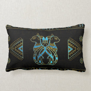 Almofada Lombar Ouro dos gatos egípcios e vitral azul