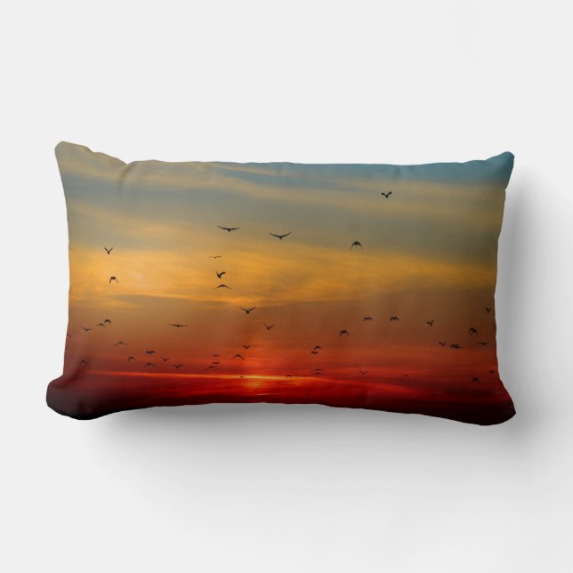 Almofada Lombar Ouro Paisagem Sunset Aves Azul Amarelo (Frente)