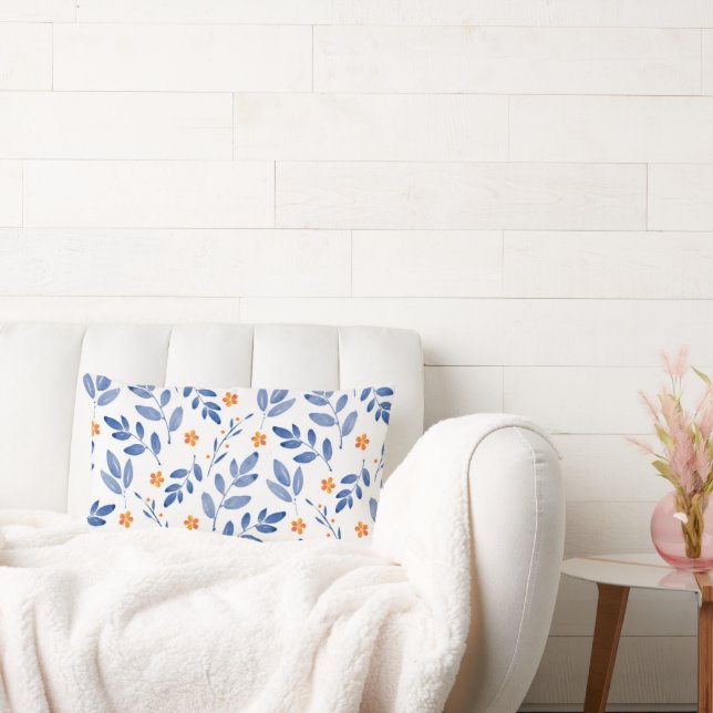 Almofada Lombar Padrão Botânico Indigo & Orange Watercolor (Sofá)