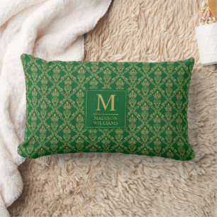 Almofada Lombar Padrão Damask Seamless Verde Esmeralda e Dourado