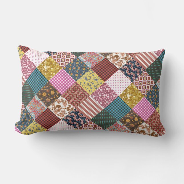 Almofada Lombar Padrão de Coleta de Patchwork do País Rustic Vinta (Frente)