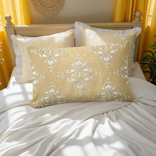 Almofada Lombar Padrão de Damasco Amarelo Dourado e Branco