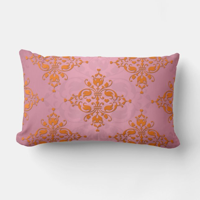 Almofada Lombar Padrão de Damasco Laranja e Rosa (Frente)