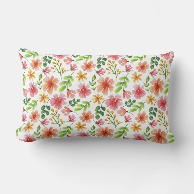 Almofada Lombar Padrão de Flores Rosa em Aquarela (Frente)