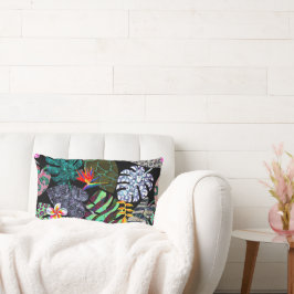 Almofada Lombar Padrão de Folhas e Flores Tropicais Vibrantes