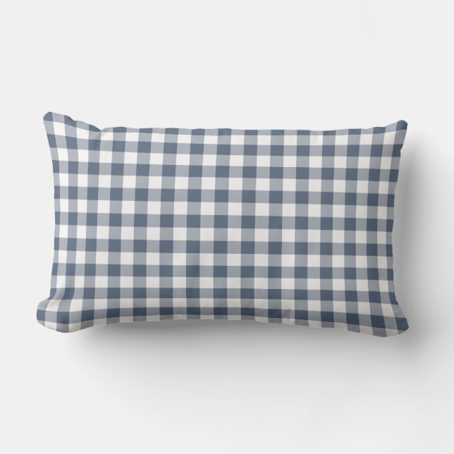 Almofada Lombar Padrão de Gingham Branco e Azul Escuro (Frente)