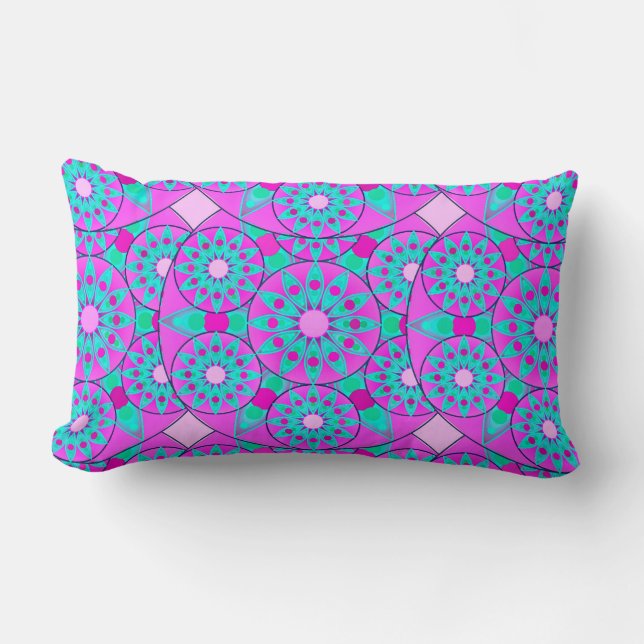 Almofada Lombar Padrão de Mandala, fúcsia, rosa e turquesa (Frente)