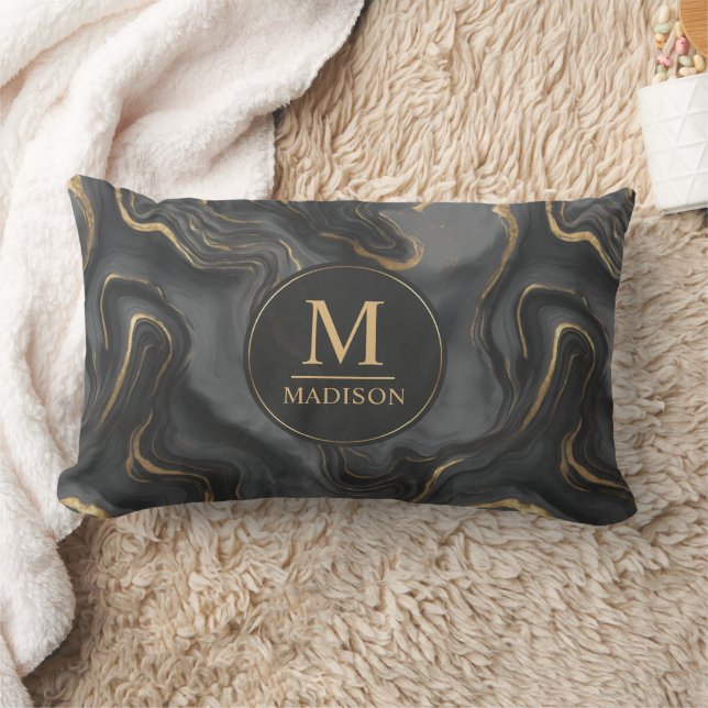 Almofada Lombar Padrão de Mármore com Brilho Preto e Dourado Cinza (Cobertor)