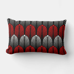 Almofada Lombar Padrão de Pena Art Déco, Cinza Prata e Vermelho