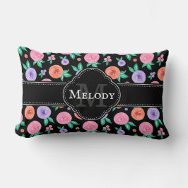 Almofada Lombar Padrão de Rosa de Aquarela Rosa / Roxo em Preto