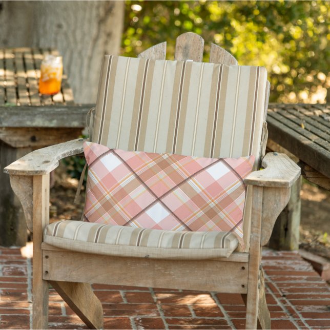 Almofada Lombar Padrão de Xadrez Vermelho Cor de Pêssego Moderno L (Cadeira)