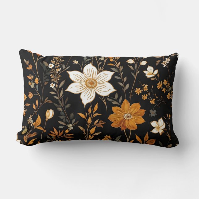 Almofada Lombar Padrão Dourado Floral  do Boho de outono Preto (Frente)