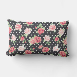 Almofada Lombar Padrão Floral Bolinhas branca em fundo preto