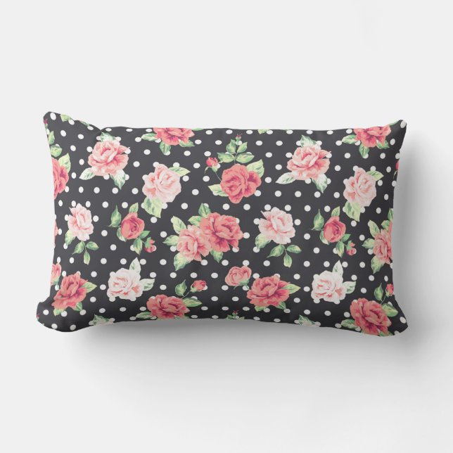 Almofada Lombar Padrão Floral Bolinhas branca em fundo preto (Frente)