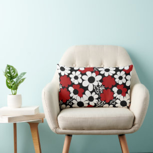 Almofada Lombar Padrão Floral bonito em Vermelho, Preto e Branco
