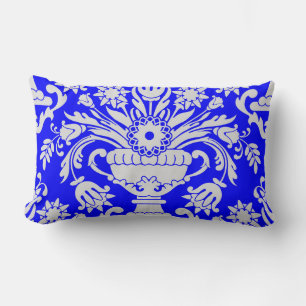 Almofada Lombar Padrão Floral do Damasco Azul e Branco Elegante