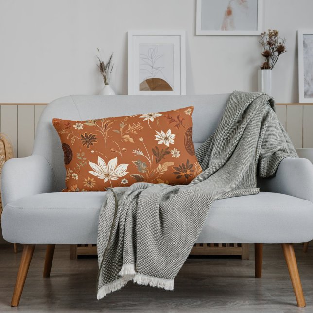 Almofada Lombar Padrão Floral do outono Elegante Terra Cota Pumpki (Criador carregado)