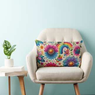 Almofada Lombar Padrão Floral Hippie Arco-Íris Retrô